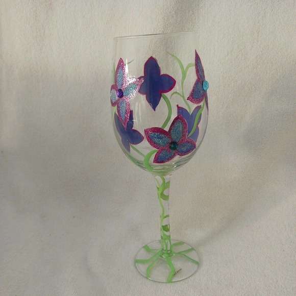 2 Saints HAND PAINTED 9" WINE GLASS Sparkle Violets Flowers w Bling Diamonds - Picture 16 of 16